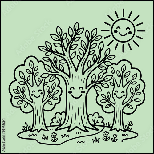 A cartoon drawing of three trees with smiling faces and a sun in the background  trees have leaves and are standing on a small hill