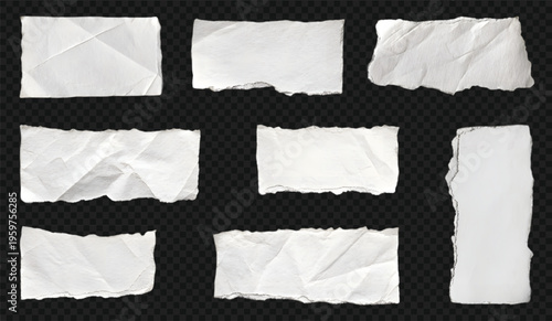 Set of Various White Torn or Ripped Paper Pieces with Rough Edges on Transparent Background, Special Effect 3D Illustration