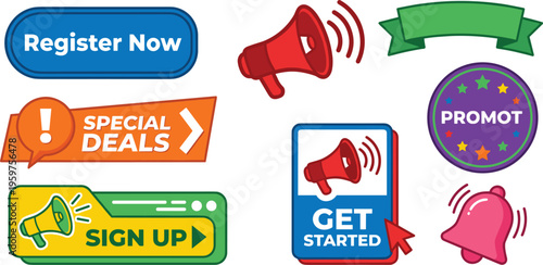 Set of promotional call to action elements including register special deals sign up get started megaphone badge and notification icons