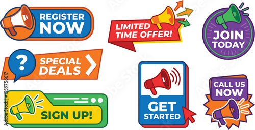 Set of promotional marketing badges including register now special deals limited offer join today call us and sign up buttons