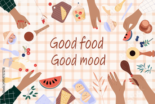 A colorful flat lay illustration of hands preparing summer food items