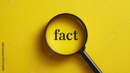 Magnifying glass examining the word fact on a yellow background