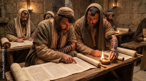 Jewish men reading ancient religious scrolls in candlelit stone room. Scholars studying torah by oil lamp. Biblical era setting, spiritual meditation, jewish tradition and culture.