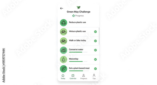 A mobile phone screen displays a Green May Challenge app with eco-friendly tasks and progress tracking