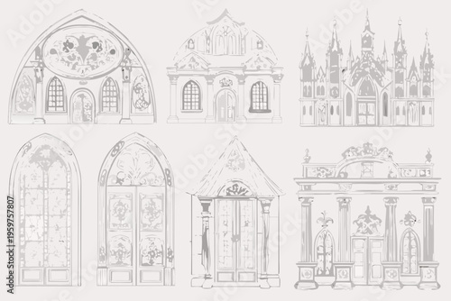 Architectural sketches depicting ornate building facades and decorative elements