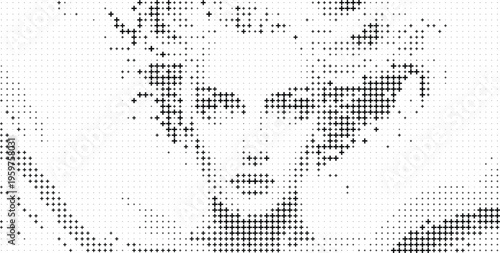 Black and White Halftone Portrait Woman Face Plus Symbols, Monochrome Woman Face Halftone Portrait Plus Symbol Style