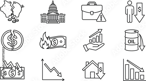 Economic crisis line icon set featuring recession inflation market decline bankruptcy oil prices and financial downturn business economy symbols