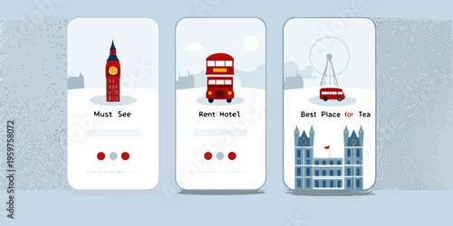 Three smartphone screens display iconic london landmarks and travel phrases