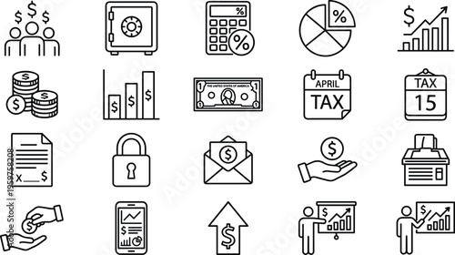 Finance line icon set featuring money tax investment banking analytics growth charts payment security and business financial management symbols