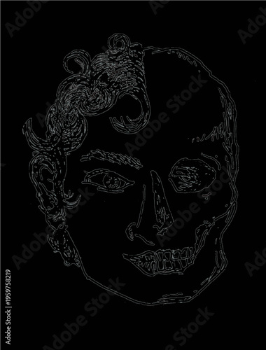 A hand-drawn SVG illustration face split between living human and skull, symbolizing mortality and duality. This unique vector is perfect for conceptual art, Halloween, or philosophical designs