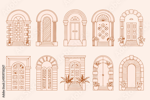 Collection of vintage architectural door and archway illustrations in brown tones