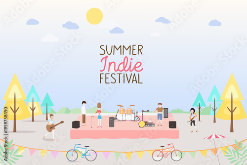 An indie music festival scene with performers and a cheerful atmosphere