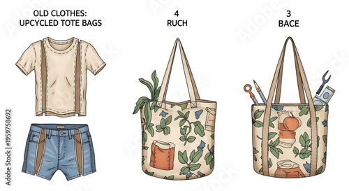 An illustration of upcycled tote bags made from old clothes, showcasing sustainable fashion and eco-friendly design