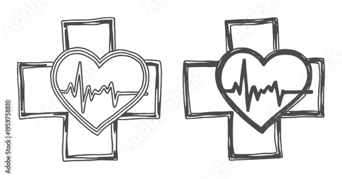 Two hand-drawn medical cross icons with heart and ECG line
