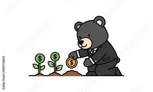 Businessman bear character planting money seeds and watering them