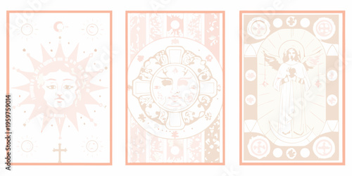 Three vintage tarot cards depicting sun moon and angel imagery