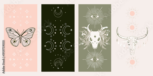 Four decorative panels featuring celestial and animalistic bohemian designs