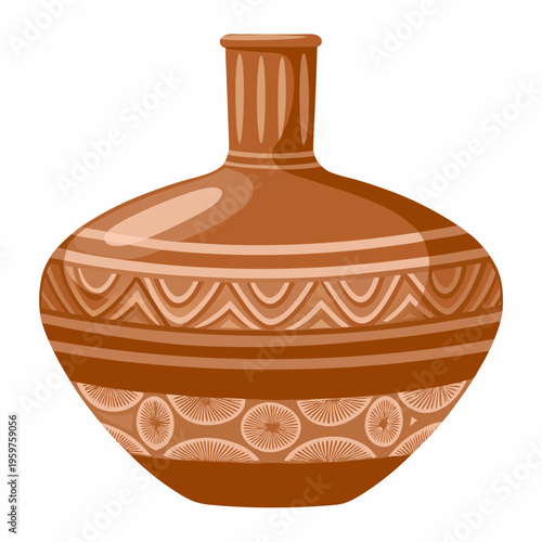 An ancient terracotta vase with decorative horizontal bands and patterns