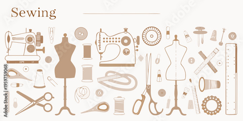 A collection of sewing tools and dress form illustrations in brown tones