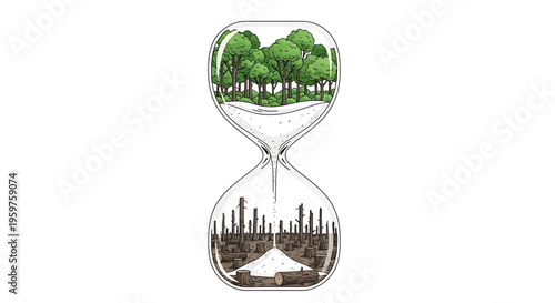 An hourglass illustration symbolizing the passage of time from nature to urbanization