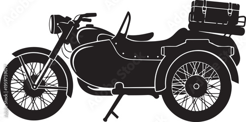 Classic military-style motorcycle with sidecar and storage box on the rear isolated on white background, Vector