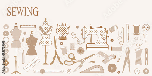 Vintage sewing tools and dress forms in a decorative arrangement