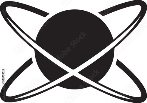 Black planet icon, orbital rings symbol, astronomy logo, space vector
