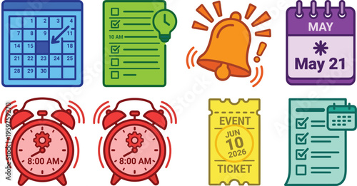 Set of time management and scheduling icons including calendar checklist alarm clock reminder bell event ticket planner vector illustration