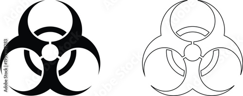 Biohazard symbol vector set, biological hazard warning icons in solid black and outline styles, toxic waste and laboratory safety signs