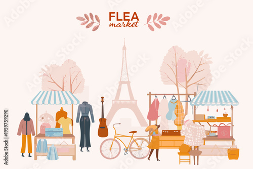 A vibrant flea market scene unfolds with parisian elements and stylish people