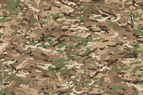 Multi terrain desert camouflage seamless pattern with layered brown, beige and green tactical texture