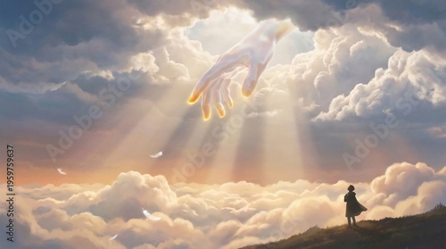 Child looking at divine hand of God reaching from sky. Heavenly clouds with bright light rays descending. Religious scene of faith and salvation. Spiritual connection and hope concept.