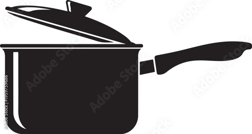 Black saucepan icon, kitchen cookware symbol, cooking pot illustration, culinary vector graphics