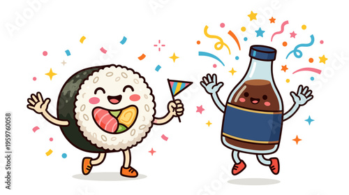 Happy sushi roll and soy sauce bottle characters with playful expressions and festive background