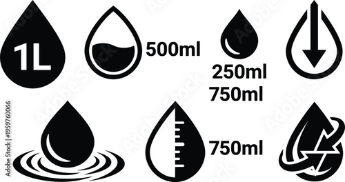 Set of water measurement and droplet icons including liter milliliter volume symbols with liquid indicators isolated black vector illustration
