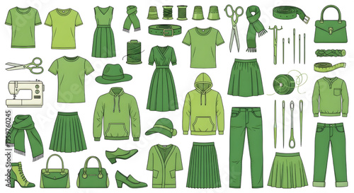 Apparel and Sewing Tools Vector Icon Set – Clothing Accessories Tailor Equipment Green Outline Collection