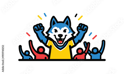 Cartoon wolf mascot cheering with crowd in yellow jersey for victory