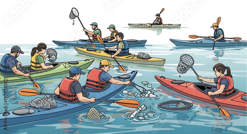 A group of people kayaking and collecting trash in the ocean with nets and bags