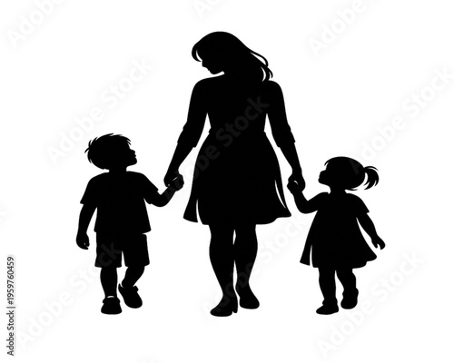 Single Mother Walking with Two Kids Silhouette