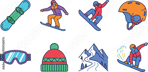 Set of winter sports illustrations including snowboard skiing helmet goggles mountain and snowboarding action poses isolated colorful vector design