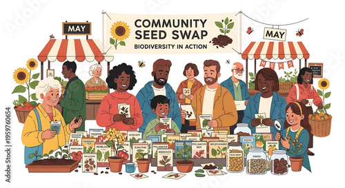A vibrant illustration of diverse people participating in a community seed swap event promoting biodiversity.