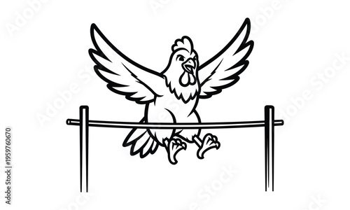 Chicken jumping over hurdle bar in high jump track and field drawing