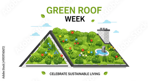 A vibrant illustration celebrating Green Roof Week with a lush rooftop garden and sustainable living theme