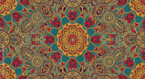 Vibrant floral mandala pattern with intricate designs and golden accents in shades of red blue and yellow