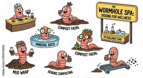 A whimsical vector illustration of a spa scene featuring cartoon worms enjoying various wellness treatments in a humorous and playful setting.