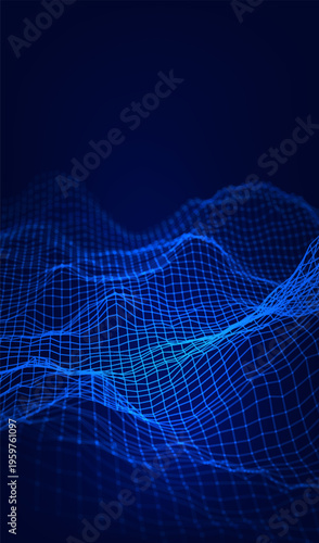 Abstract cyber ai background digital design with wireframe landscape grid line. 3D mountain and futuristic technology topographic big data concept. 