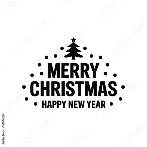 Festive black and white graphic featuring a christmas tree and holiday greetings