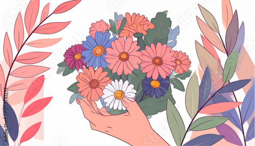 Hand Holding Colorful Flower Bouquet.