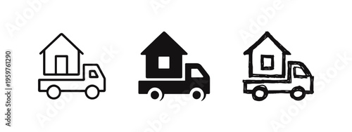 Home Moving Truck Icon Set, House Delivery and Relocation Symbol in Outline, Solid, and Doodle Styles.