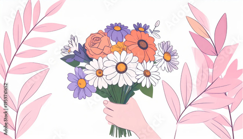 Hand Holding Colorful Flower Bouquet.